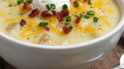 Beladene Ofenkartoffelsuppe mit knusprigem Speck