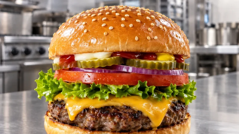 Burger classique de bœuf au cheddar avec laitue, tomate, oignon rouge et cornichons dans une cuisine professionnelle en inox