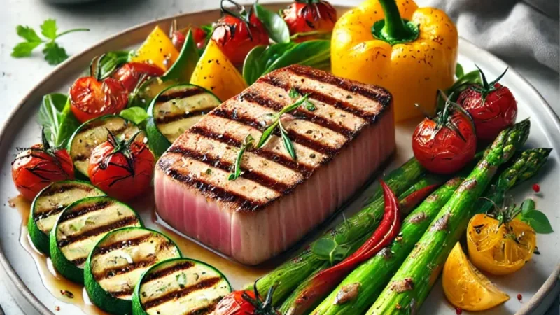 Steak de thon grillé aux légumes