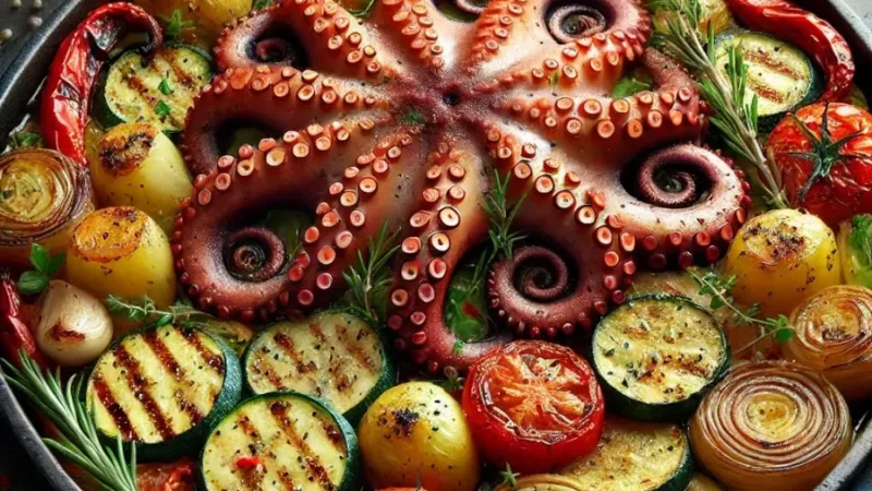 Poulpe au four et légumes