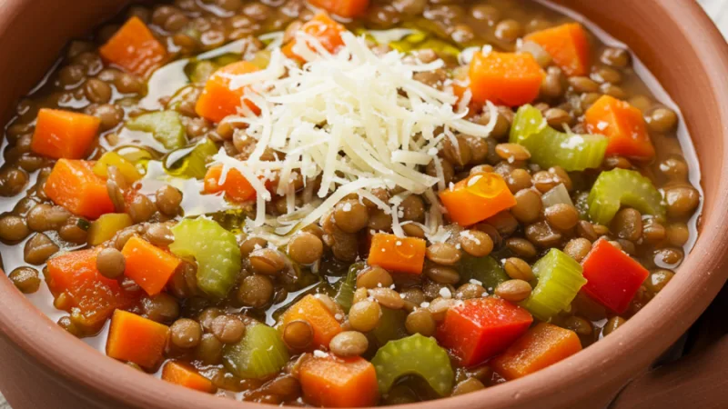Eiweißreiche One-Pot-Linsen-Gemüsesuppe mit Parmesan