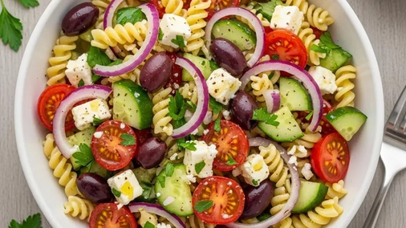 Salade de pâtes grecque à la feta et aux olives