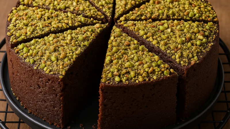 Einfacher niederländischer Schokoladenkuchen mit Pistazienkruste