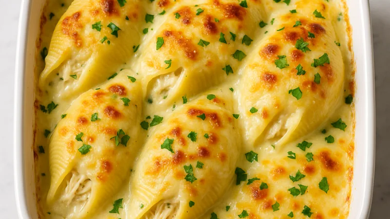 Polnjene Testeninske Školjke s Piščancem in Alfredo Omako