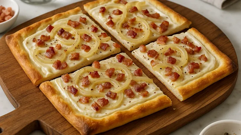 Tarte flambée alsacienne croustillante, lard et oignon
