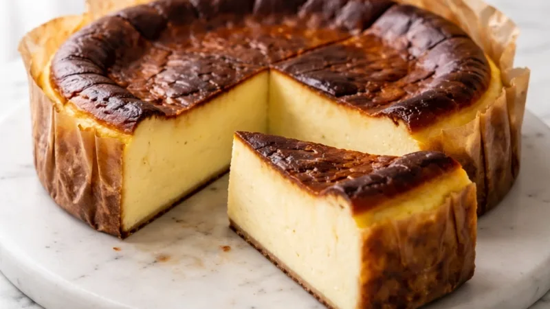 Baskovski cheesecake s temno karamelno skorjo in kremno sredico, sveže narezan na marmornem krožniku