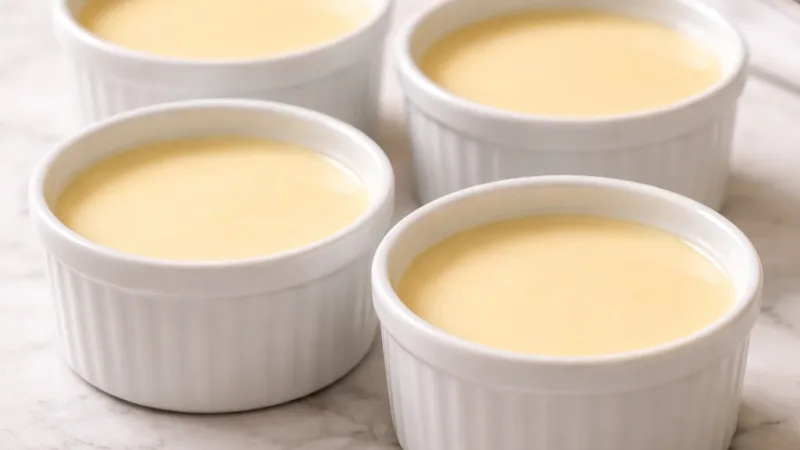 Cremiges Zitronen-Posset mit seidiger Oberfläche in weißen Förmchen, gut gekühlt serviert