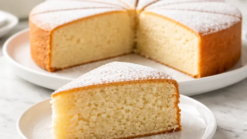 Glutenfreier Kuchen mit goldener Kruste und luftiger Krume, frisch geschnitten