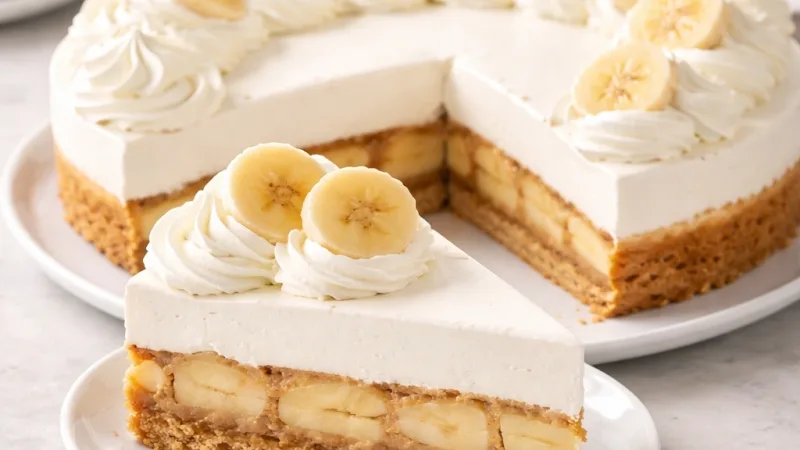 Kremasta banoffee pita brez peke z zlato piškotno osnovo, sveže narezana na belem krožniku