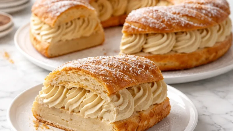 Paris-Brest doré à la pâte légère, crème pralinée onctueuse, servi fraîchement tranché