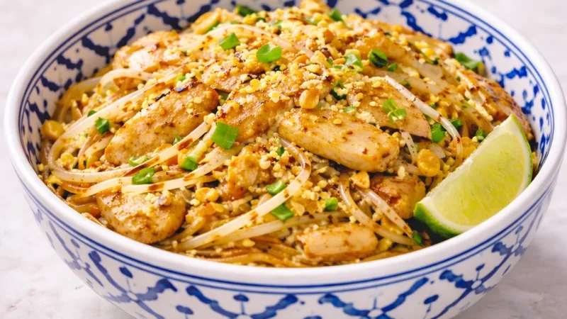 Pad thaï au poulet aux nouilles brillantes servi chaud en bol