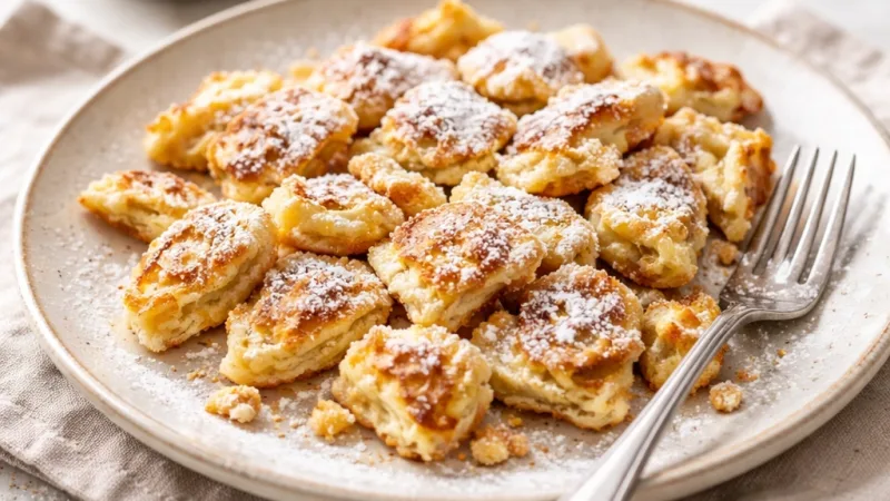 Kaiserschmarrn with golden crust served hot on a ceramic plate