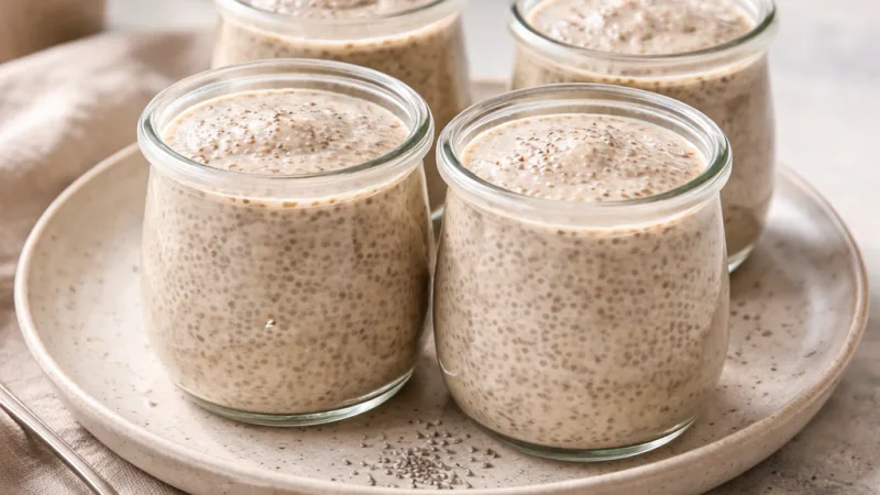 Chia Pudding ohne Zucker cremig gekühlt auf Keramikplatte