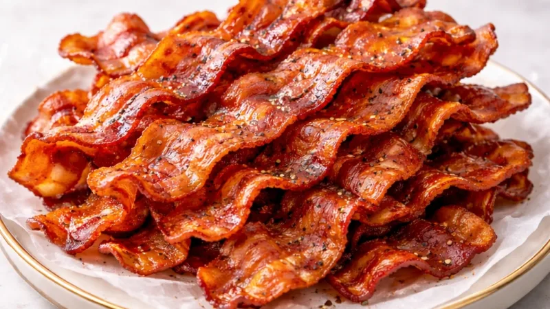 Crispy Air Fryer bacon, golden edges, served hot on a plate
