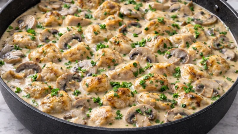 Cremige Hähnchenpfanne mit Pilzen, saftige Stücke in Sauce