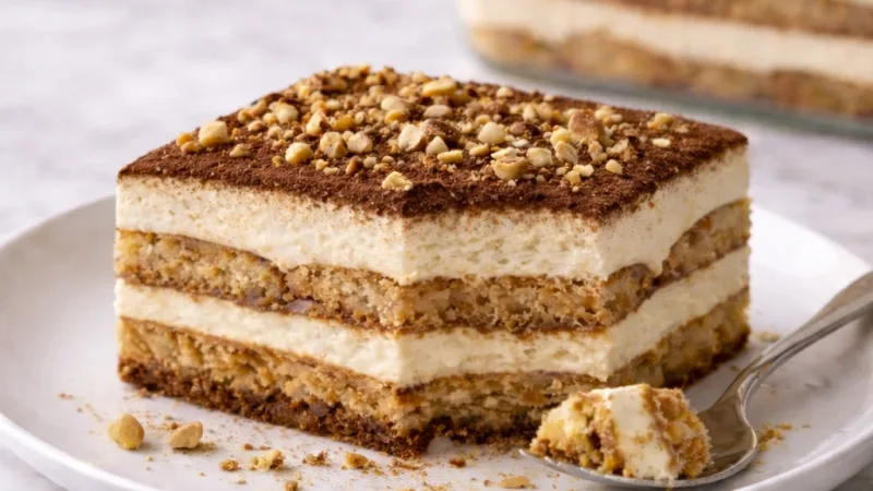 Hasselnøtt-tiramisu med kremete lag servert kald på tallerken