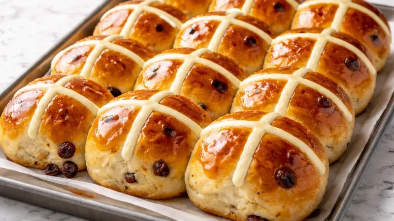 Hot cross buns croûte dorée fraîchement cuits sur plaque