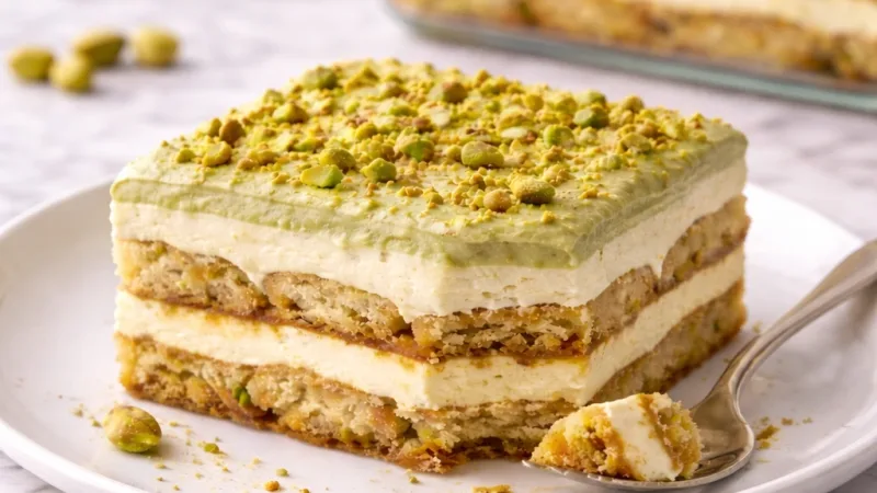Pistaasitiramisu pehmeillä kerroksilla tarjoiltuna valkoisella lautasella