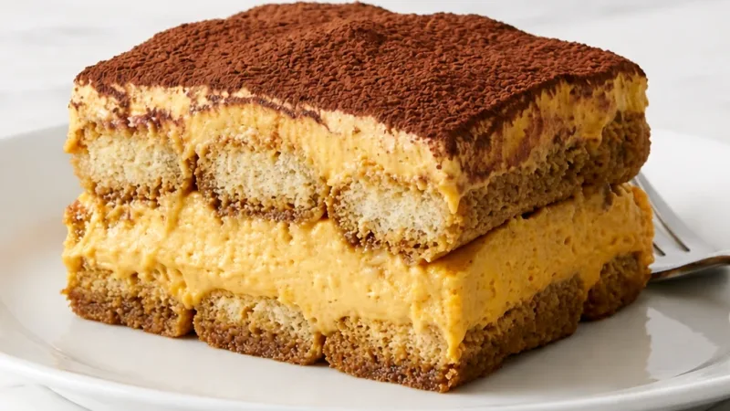 Kürbis-Tiramisu mit cremigen Schichten serviert auf Teller