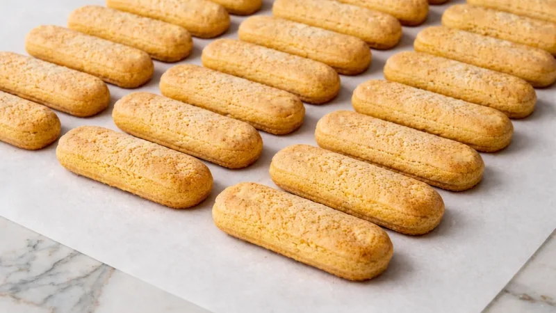 Savoiardi biscuits à la cuillère dorés fraîchement cuits sur papier cuisson