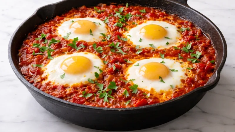 Shakshuka mit weichen Eiern in dicker Sauce, heiß in Pfanne