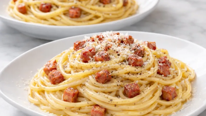 Spaghetti Carbonara cremige Sauce heiß serviert auf weißem Teller