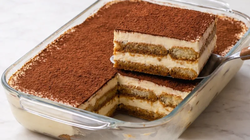 Tiramisu sans alcool aux couches crémeuses servi en plat