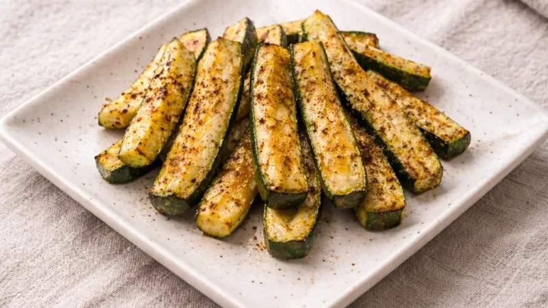 Zucchini aus der Heißluftfritteuse mit goldenen Rändern, heiß auf Teller