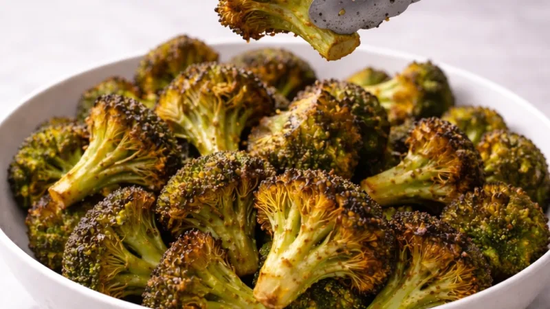 Airfryer-brokkoli med gyllenbrune sprø kanter servert varm på tallerken