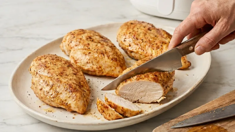 Airfryer Hähnchenbrust goldene Kruste frisch serviert auf Teller