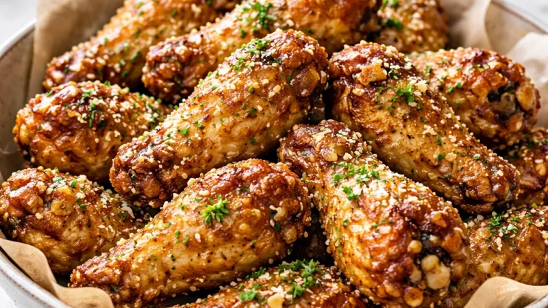 Knusprige Airfryer Hähnchenflügel mit goldener Kruste in Schüssel