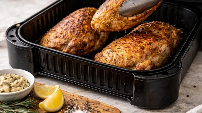 Viandes air fryer dorées, texture croustillante, servies sur grille métallique