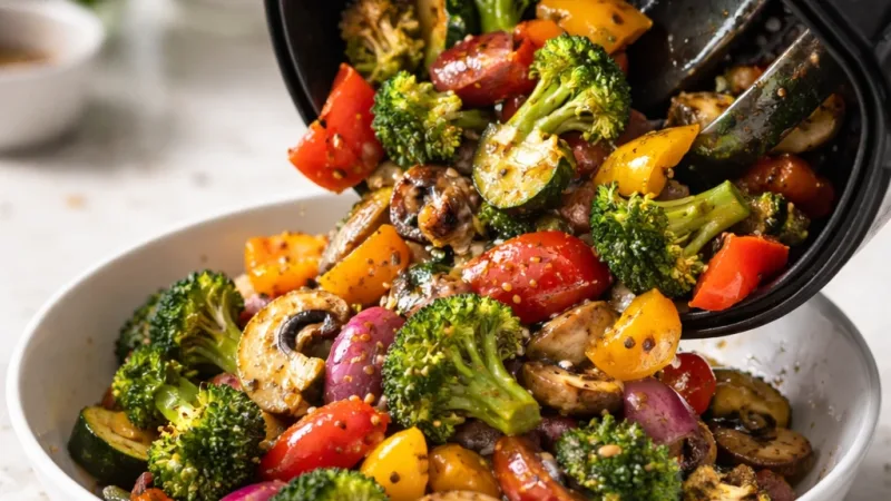 Légumes air fryer dorés servis chauds dans un bol