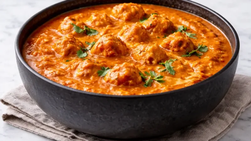 Butter Chicken mit cremiger Sauce heiß in Schüssel serviert