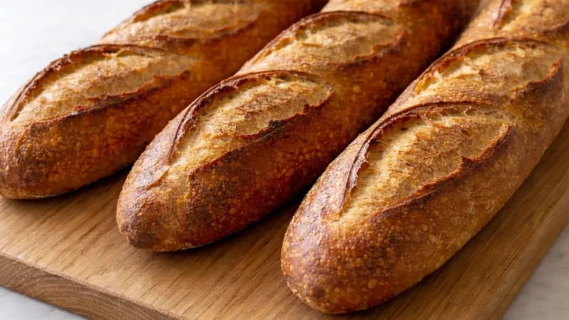 Baguette française à croûte dorée fraîchement cuite sur planche