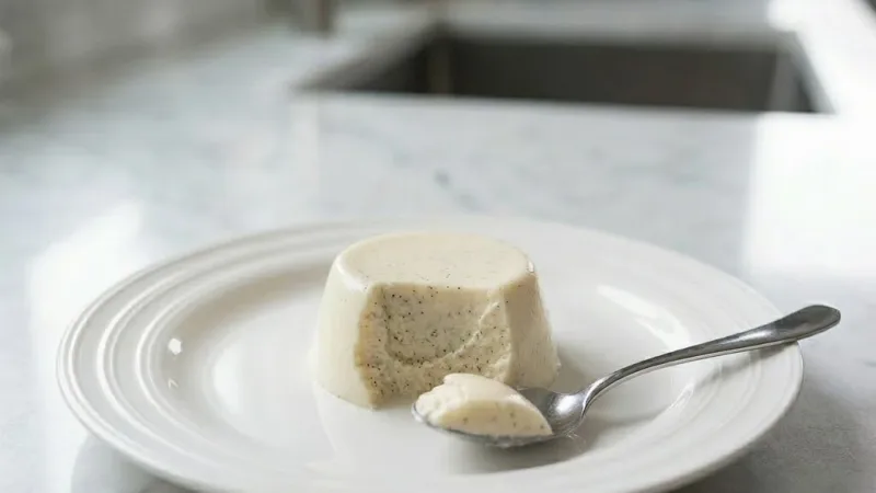 Panna cotta à cœur crémeux, servie froide sur assiette