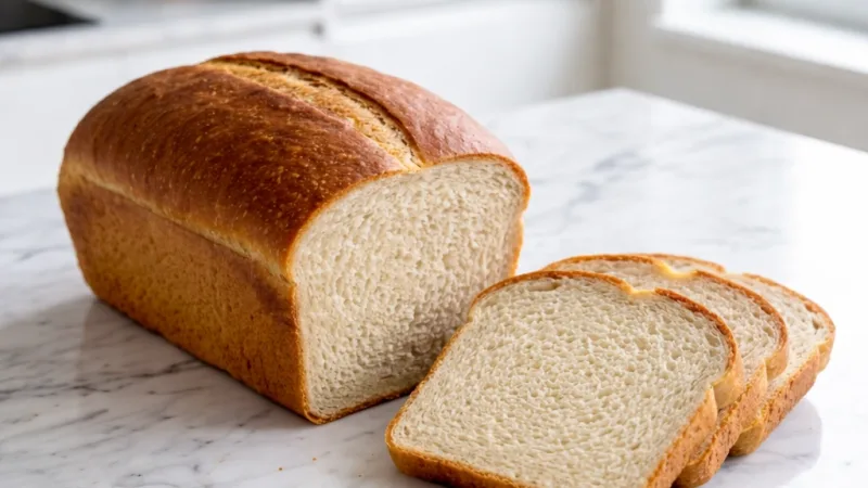 Homemade bread with golden crust freshly baked on marble board