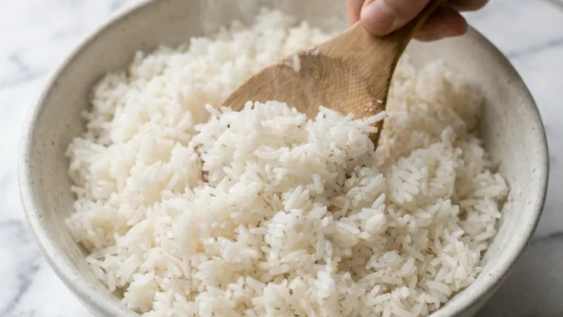 Fluffy rice with separated grains served in ceramic bowl