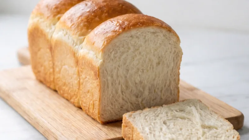 Japanisches Milchbrot mit goldener Kruste frisch gebacken auf Holzbrett