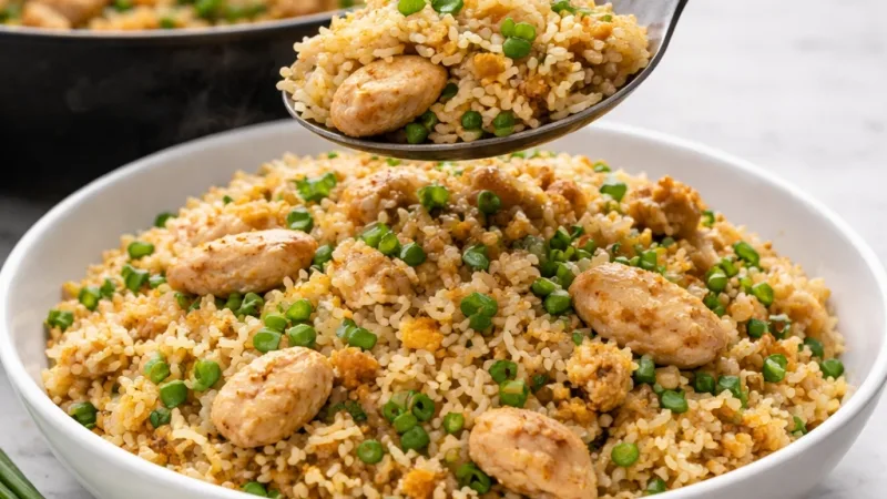 Riz sauté thaï aux grains séparés servi chaud sur assiette