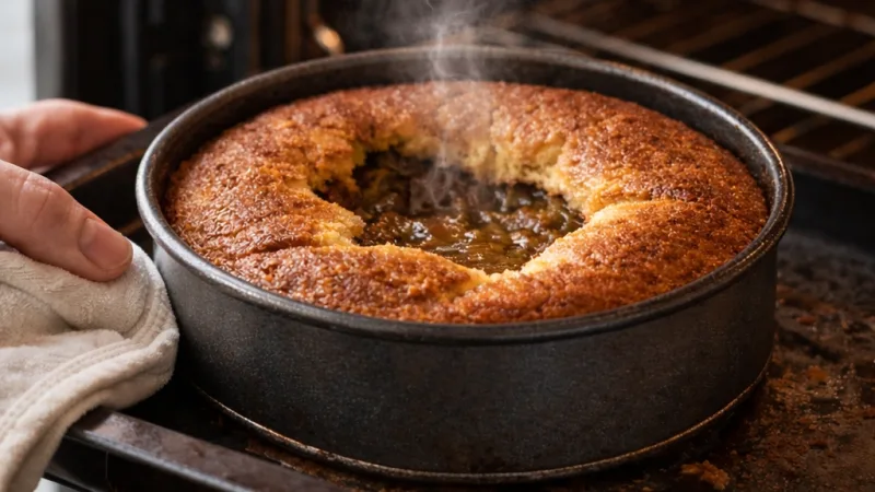 Cake sinking in the middle with glossy underbaked center exposed