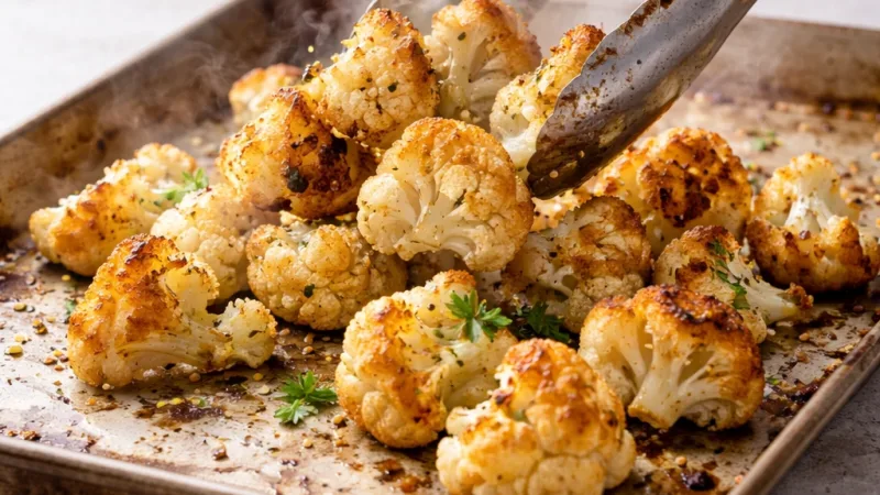 Roasted cauliflower crisp edges served on baking tray