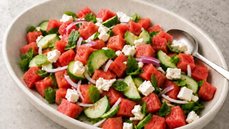 Salade pastèque feta, bords fermes et fond presque sec