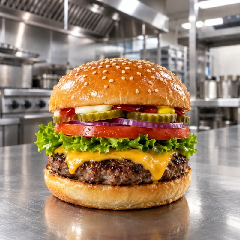 Burger classique de bœuf au cheddar avec laitue, tomate, oignon rouge et cornichons dans une cuisine professionnelle en inox