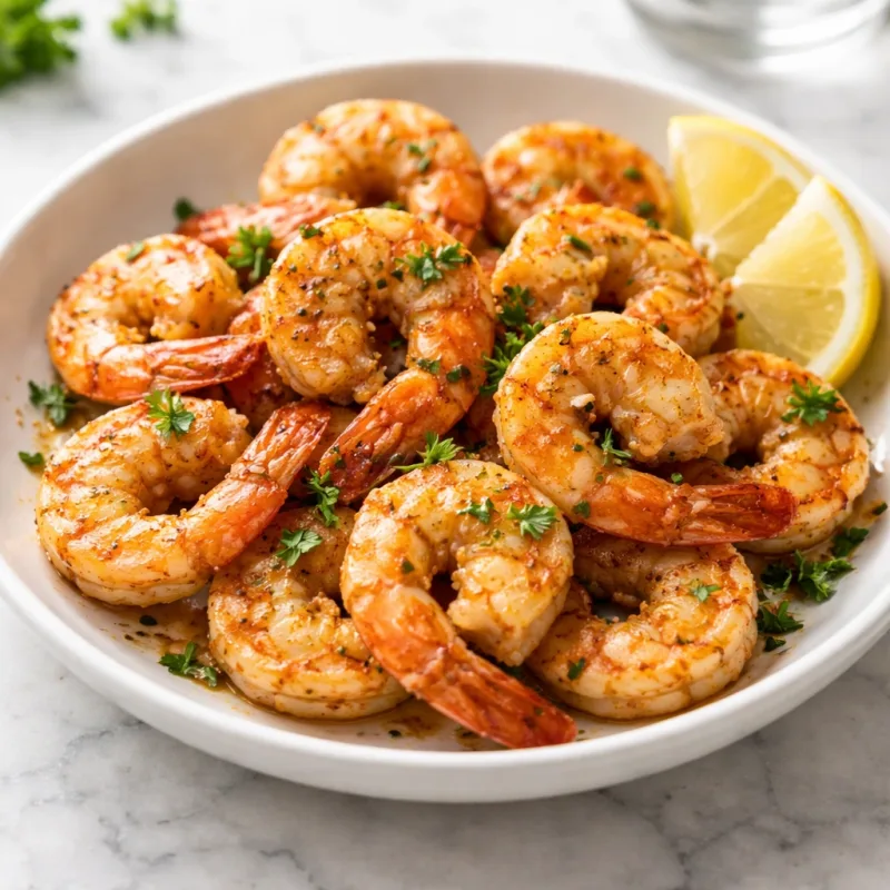 Crevettes à l’air fryer dorées et juteuses sur assiette blanche, fumantes