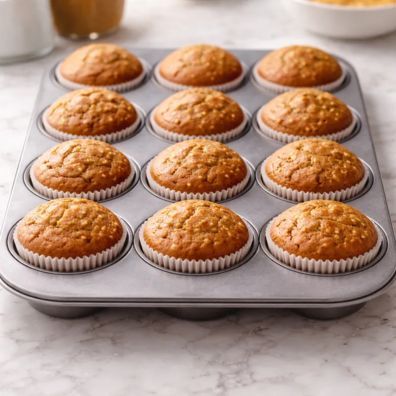 Muffins banane beurre de cacahuète dorés fraîchement cuits dans un moule