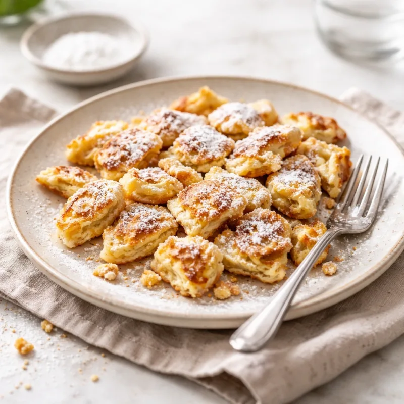 Kaiserschmarrn kultaisella pinnalla vastavalmistettuna lautasella
