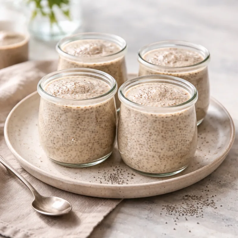 Pudding de chia sans sucre, texture crémeuse, servi froid sur assiette
