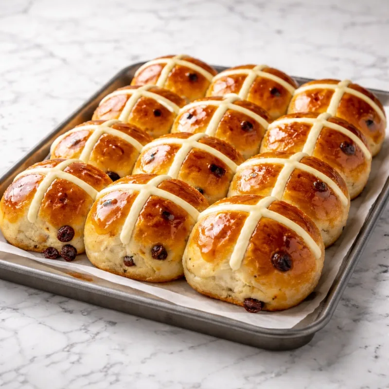 Hot cross buns croûte dorée fraîchement cuits sur plaque