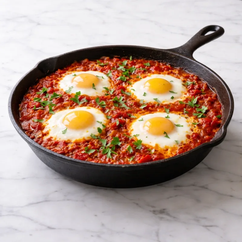 Shakshuka aux œufs fondants en sauce épaisse, servie chaude en poêle